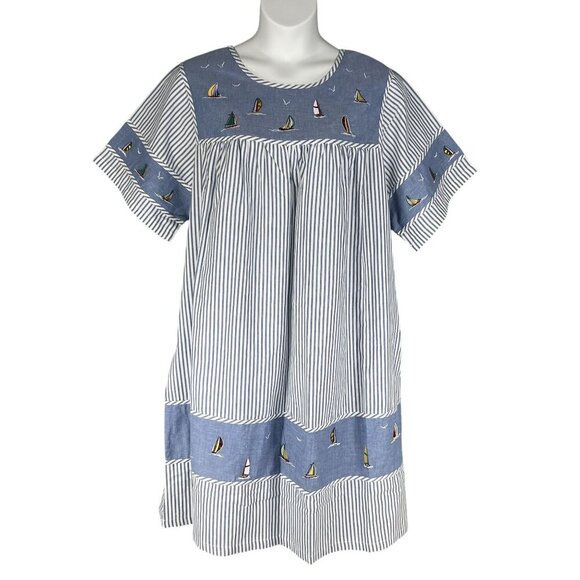 National Women 2X Chambray Striped Nautical Embroidery Dress Costal Beachy Artsy - Picture 1 of 15